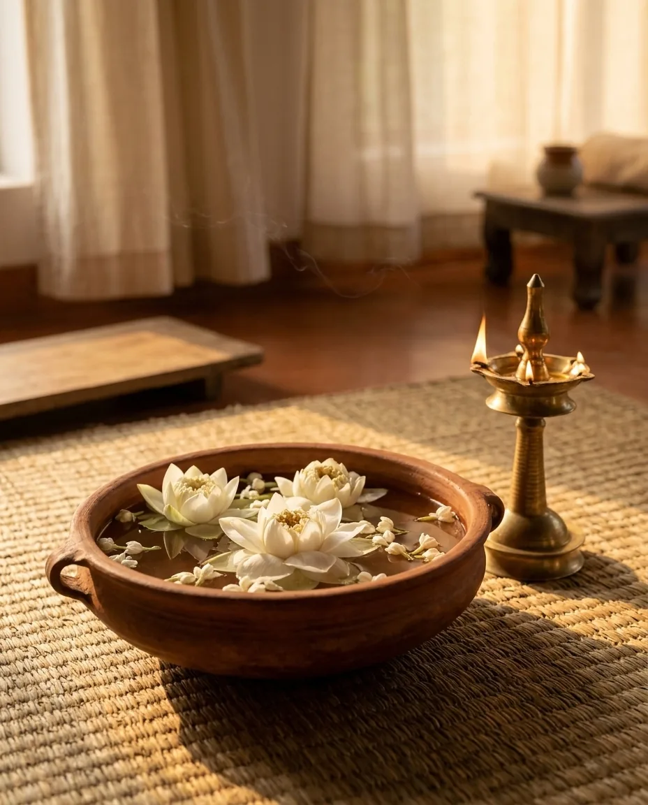 White lotus flowers floating in a terracotta bowl beside a lit brass lamp