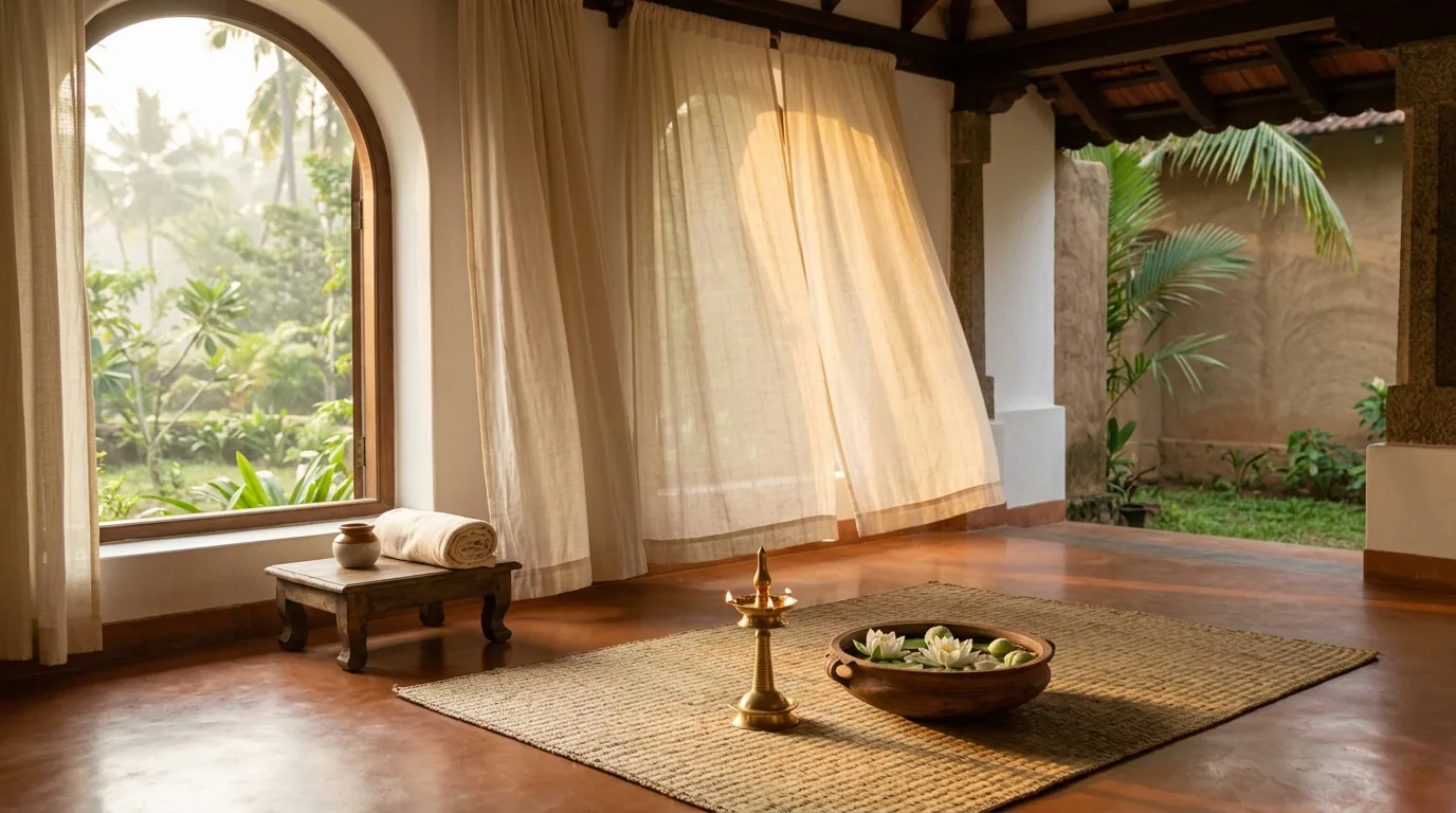A serene healing room at dawn — soft golden light on a woven mat, a brass lamp and lotus flowers in a clay bowl