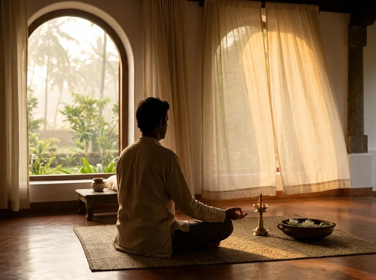 A person meditating cross-legged before an arched window in soft dawn light