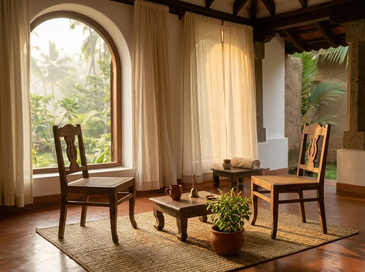 Two wooden chairs facing each other in a warm, quiet counselling corner with tea and a tulsi plant