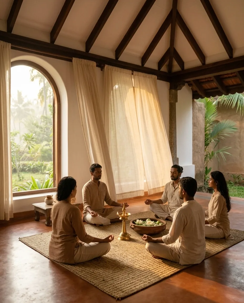 A small group meditating together in a circle around a brass lamp and lotus bowl, in soft dawn light